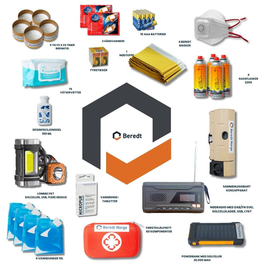 30 produkter i
beredtkassen egenberedskapskasse til hjemmet