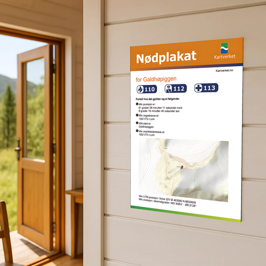nødplakat til hytta